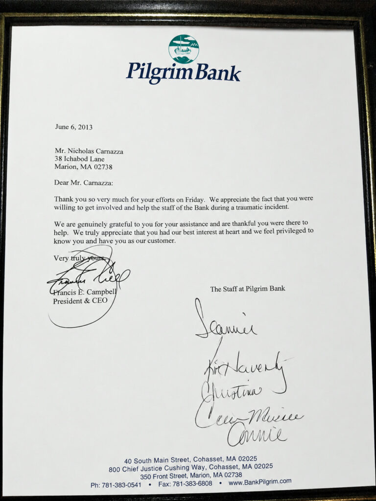 Pilgrim Bank Letter for Nick Carnazza